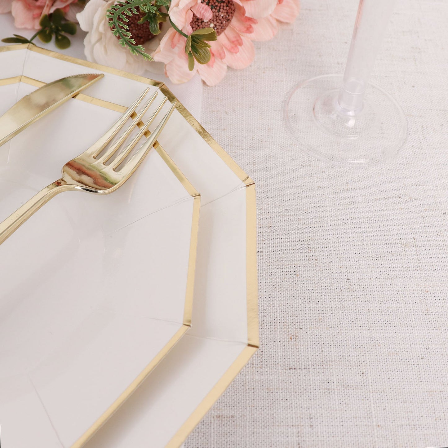 Disposable 9 Inch White Geometric Dinner Plates with Gold Rim