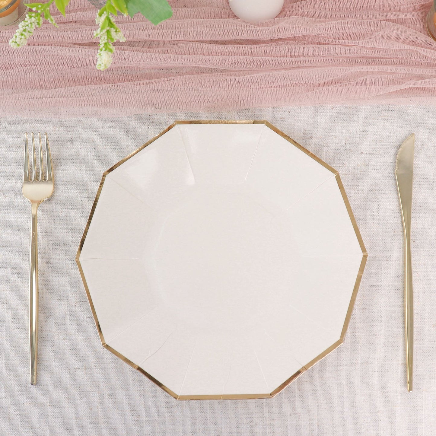25 Pack | White 9" Geometric Dinner Paper Plates, Disposable Plates Decagon Shaped With Gold Foil Rim