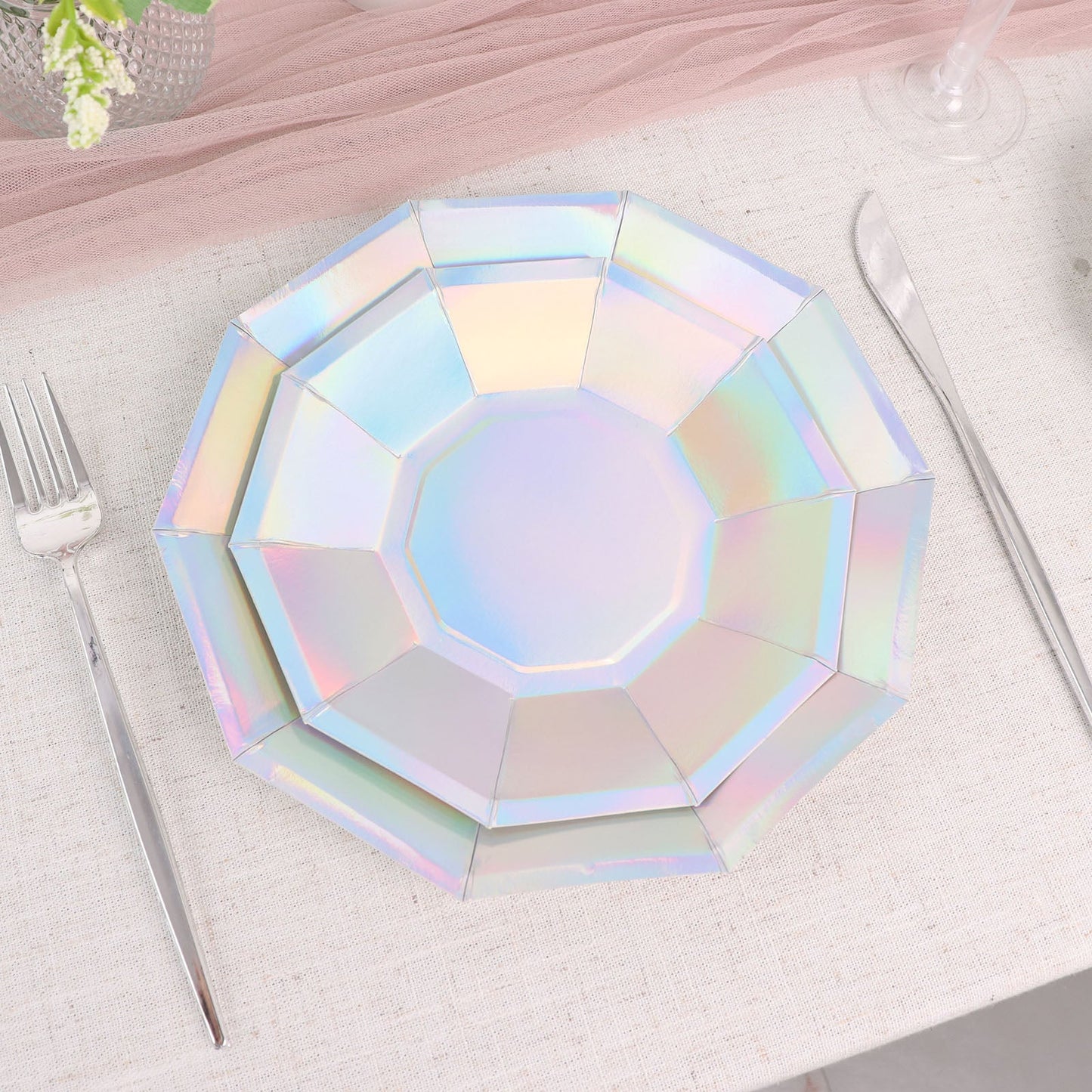 9 Inch Disposable Geometric Paper Plates with Iridescent Color and Decagon Rim 25 Pack