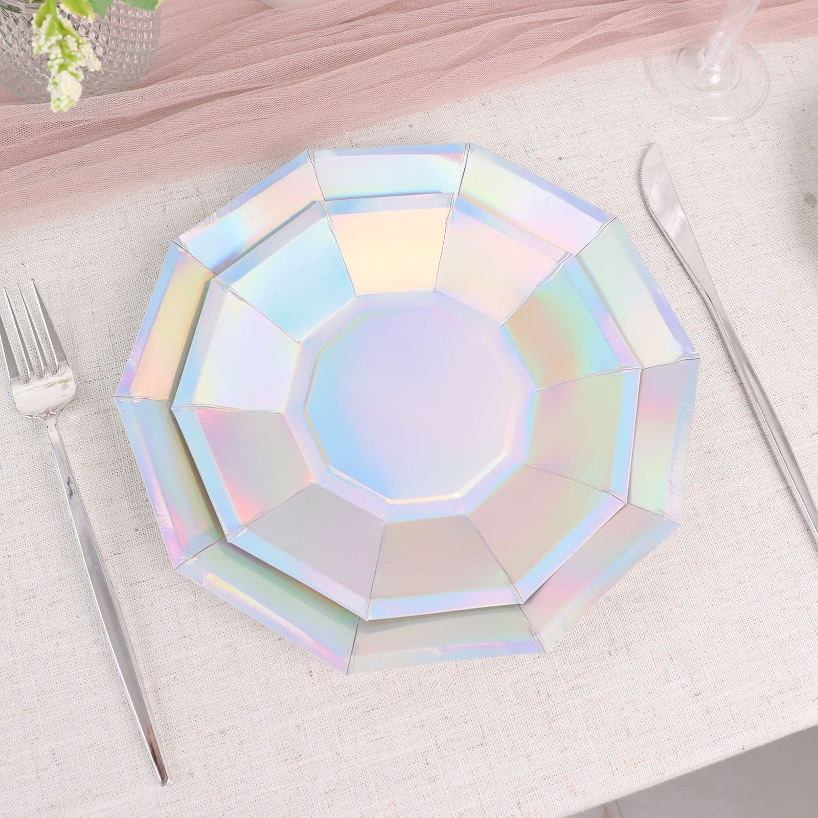 9 Inch Disposable Geometric Paper Plates with Iridescent Color and Decagon Rim 25 Pack