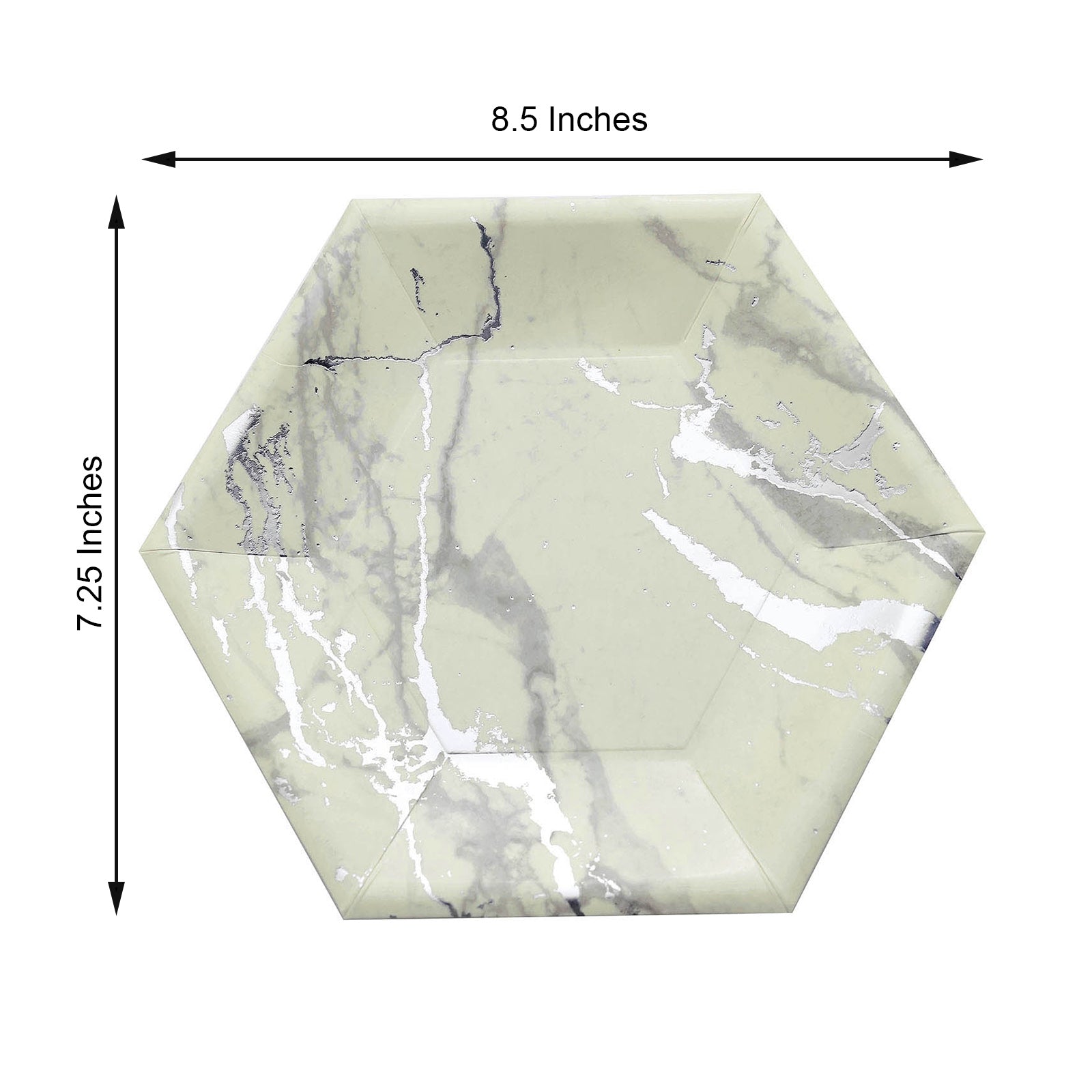 Ivory marble hexagon paper plate with silver foil design, 8.5 inches.