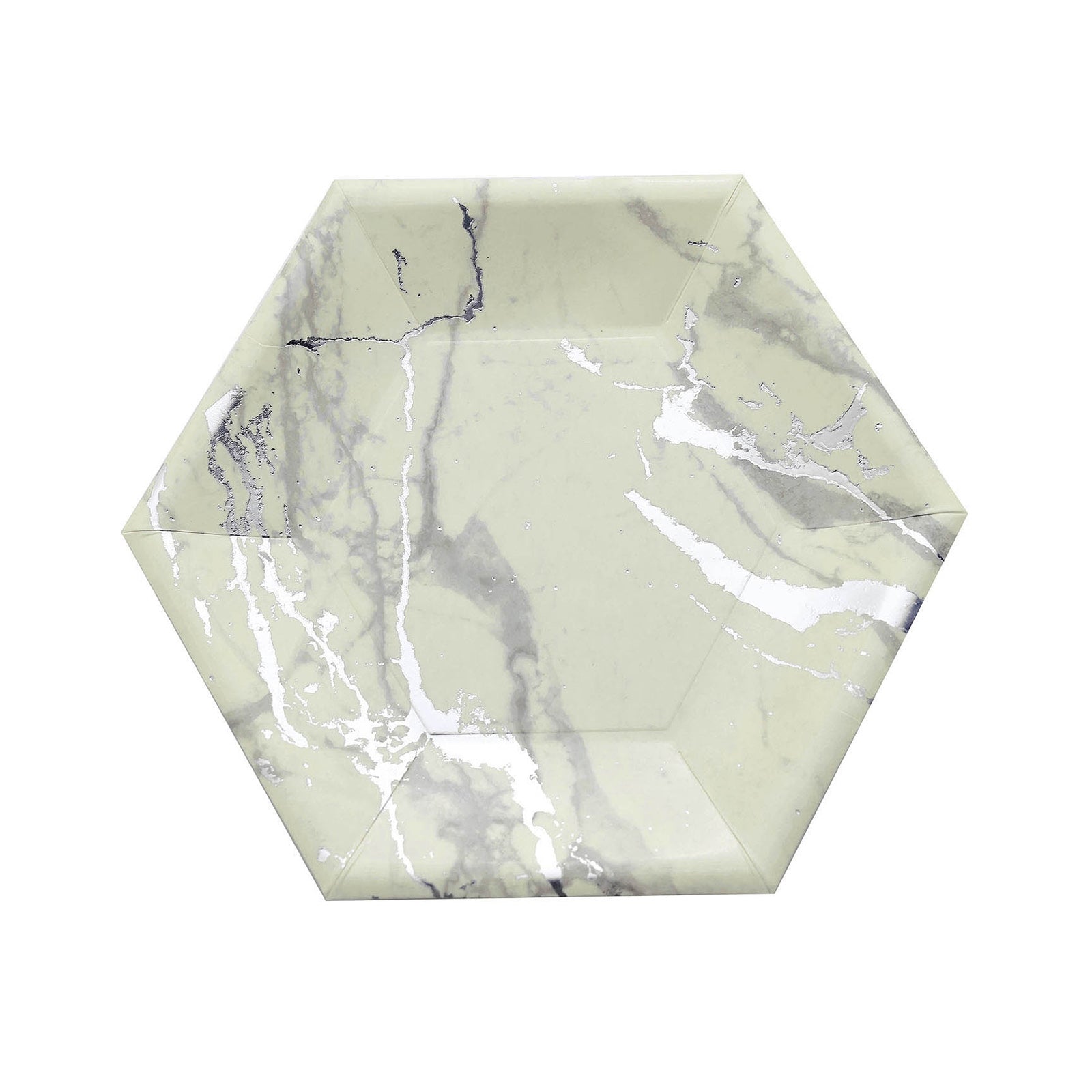 Ivory marble hexagon dessert salad paper plate with silver foil design.
