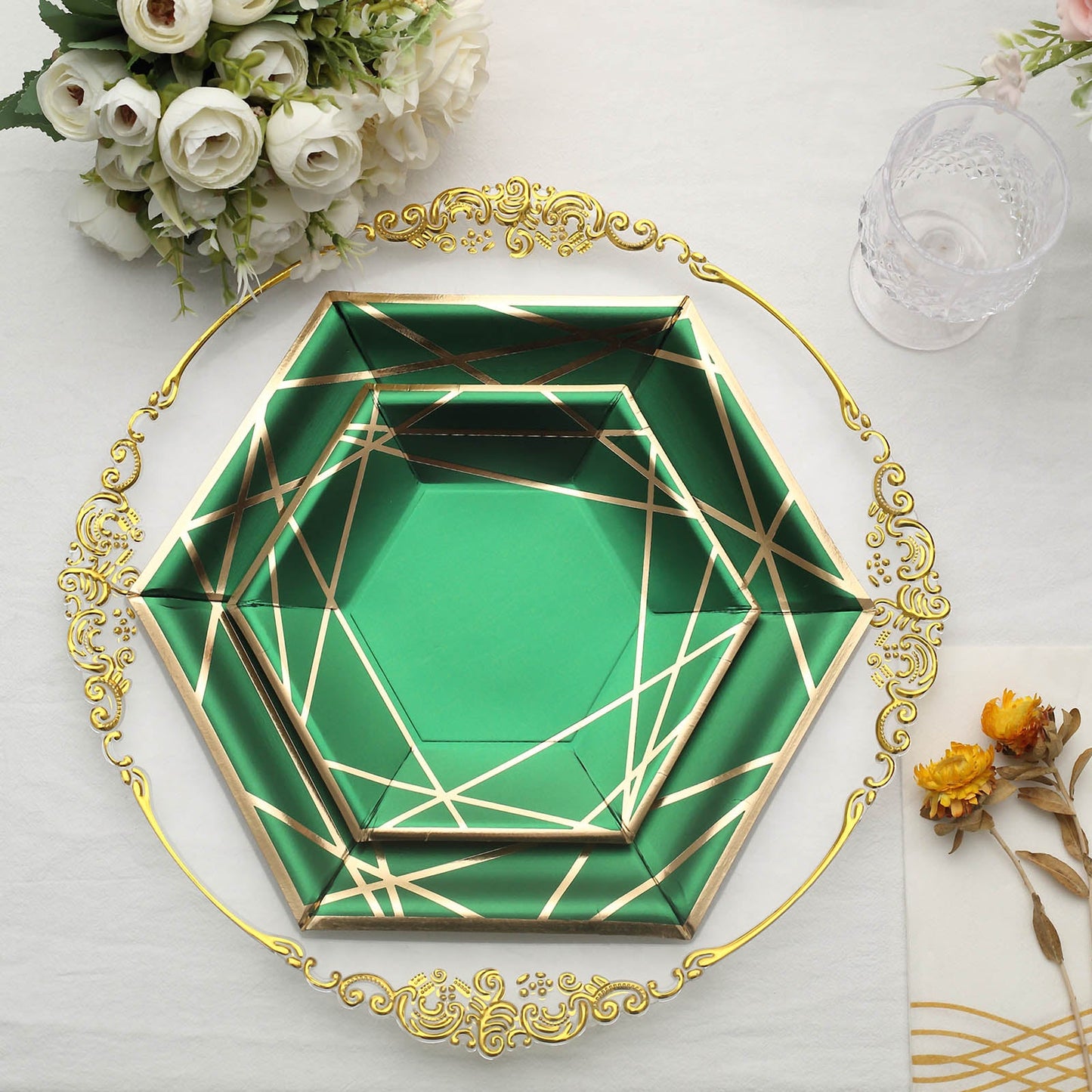 25 Pack | 7inch Hunter Emerald Green/Gold Hexagon Dessert Appetizer Paper Plates