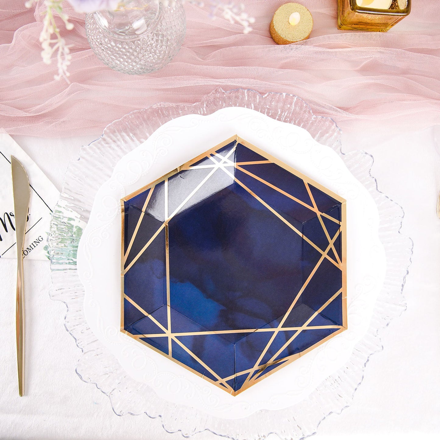 25 Pack | 7" Navy Blue / Gold Hexagon Salad Paper Plates, Geometric Disposable Dessert Appetizer Party Plates - 300 GSM
