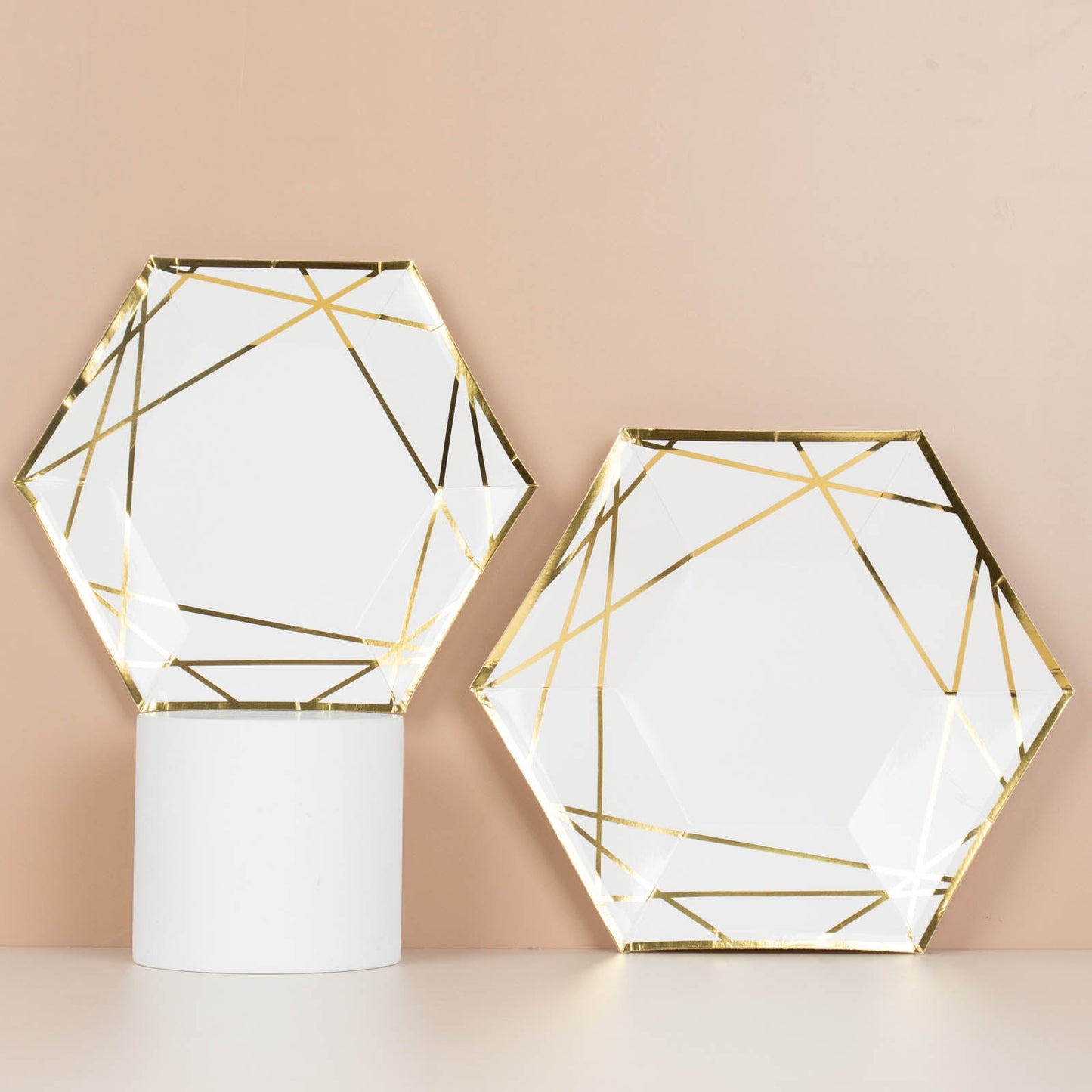 25 Pack | 7inch White / Gold Hexagon Salad Paper Plates, Geometric Disposable Dessert 