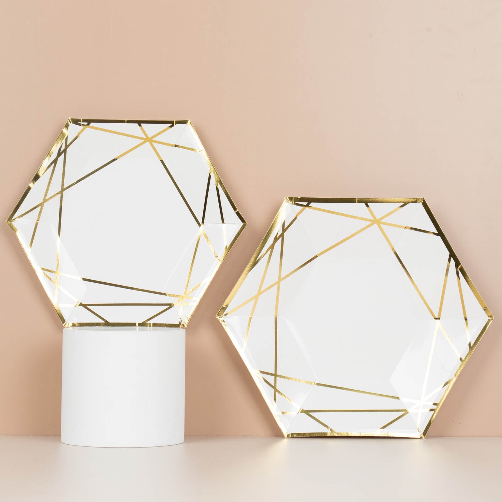 25 Pack | 7inch White / Gold Hexagon Salad Paper Plates, Geometric Disposable Dessert 