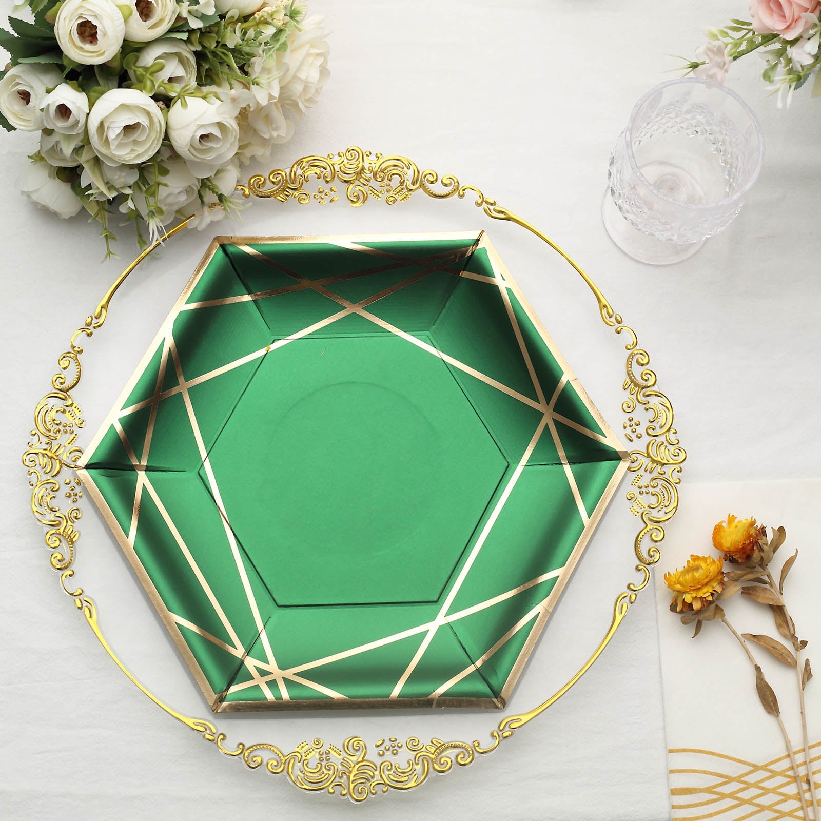 25 Pack | 9inch Hunter Emerald Green / Gold Hexagon Dinner Paper Plates, Geometric Party Plates