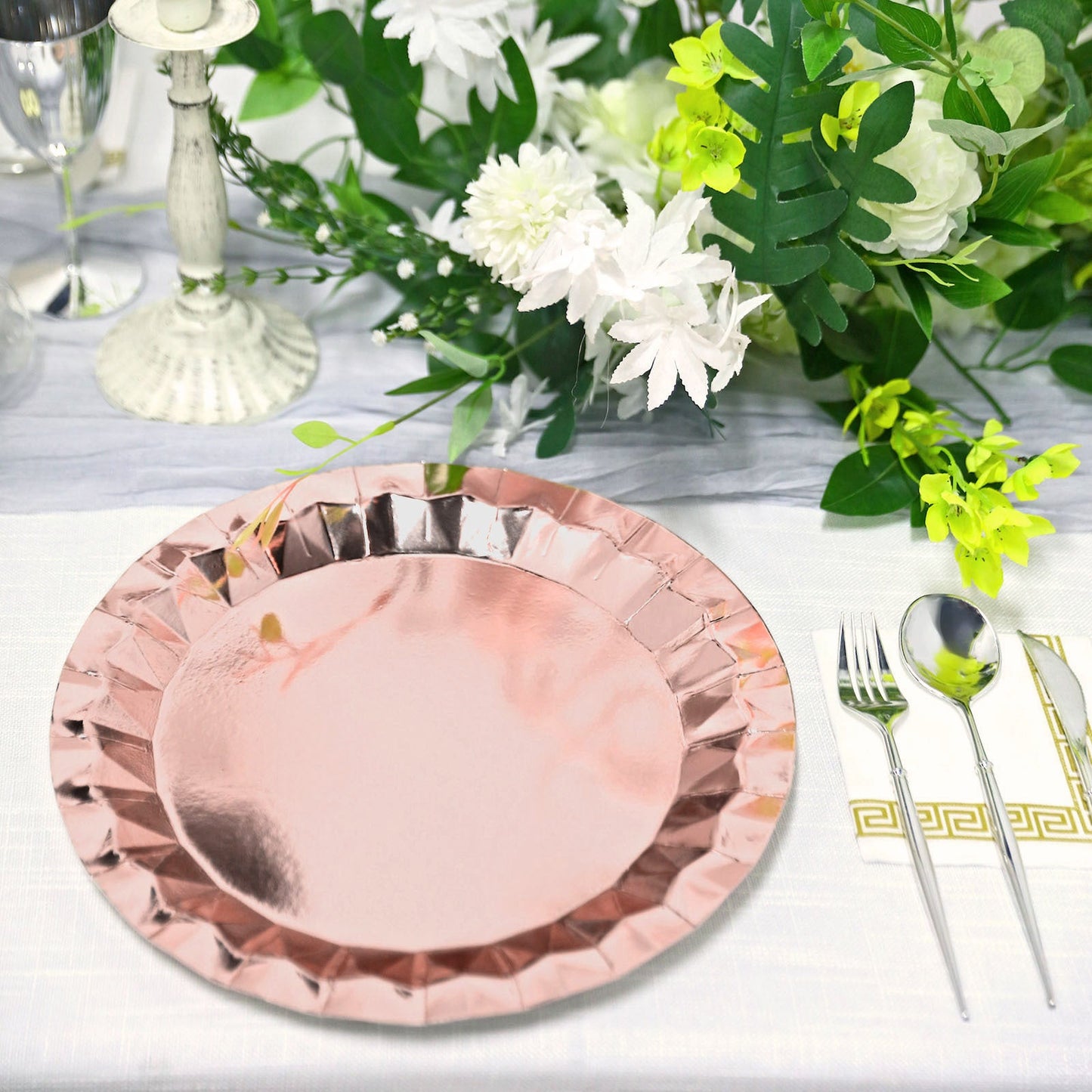 25 Pack 12" Round Metallic Rose Gold Geometric Foil Paper Charger Plates, Disposable Serving Trays - 400 GSM
