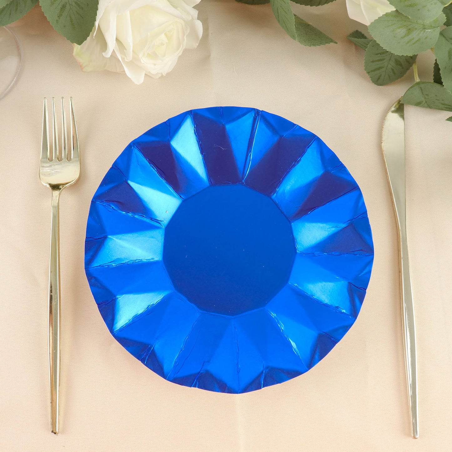 25 Pack | 7" Geometric Royal Blue Dessert Appetizer Paper Plates, Disposable Salad Party Plates - 400 GSM
