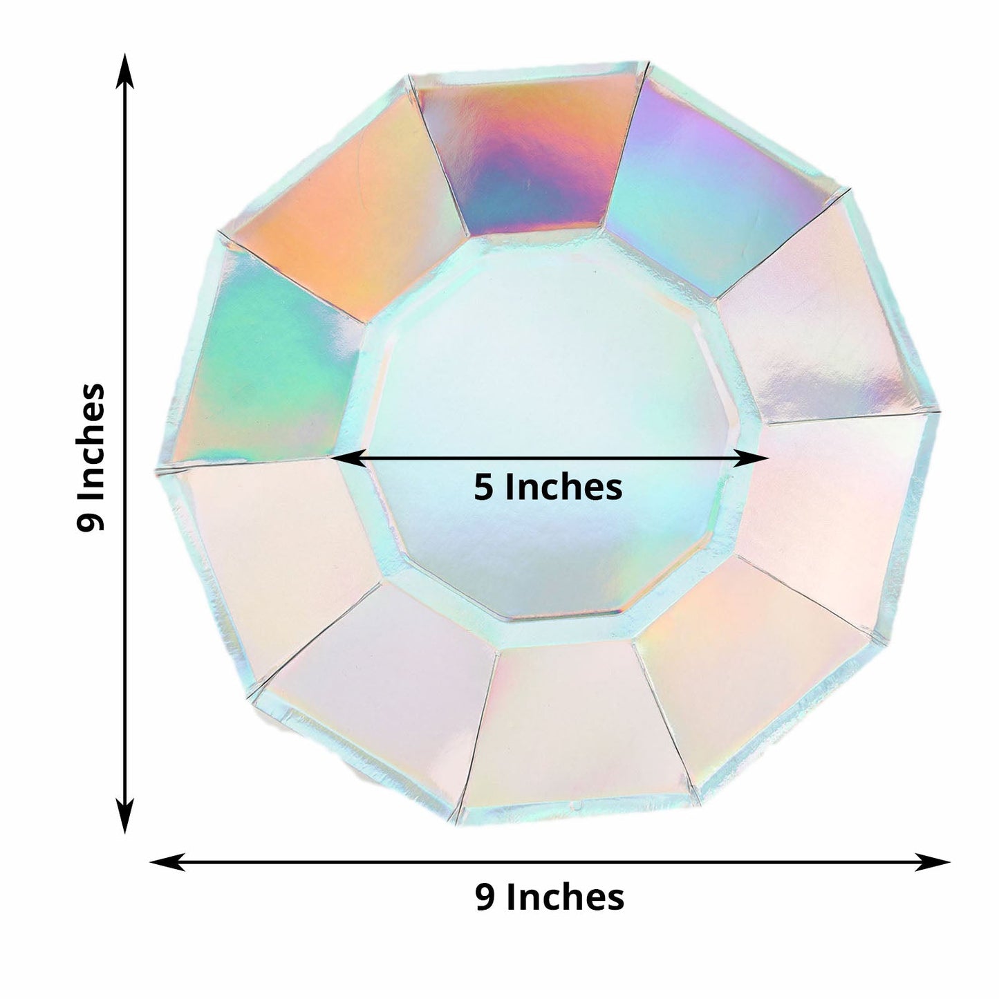 25 Pack Disposable Geometric Iridescent Paper Plates with Decagon Rim 9 Inch 