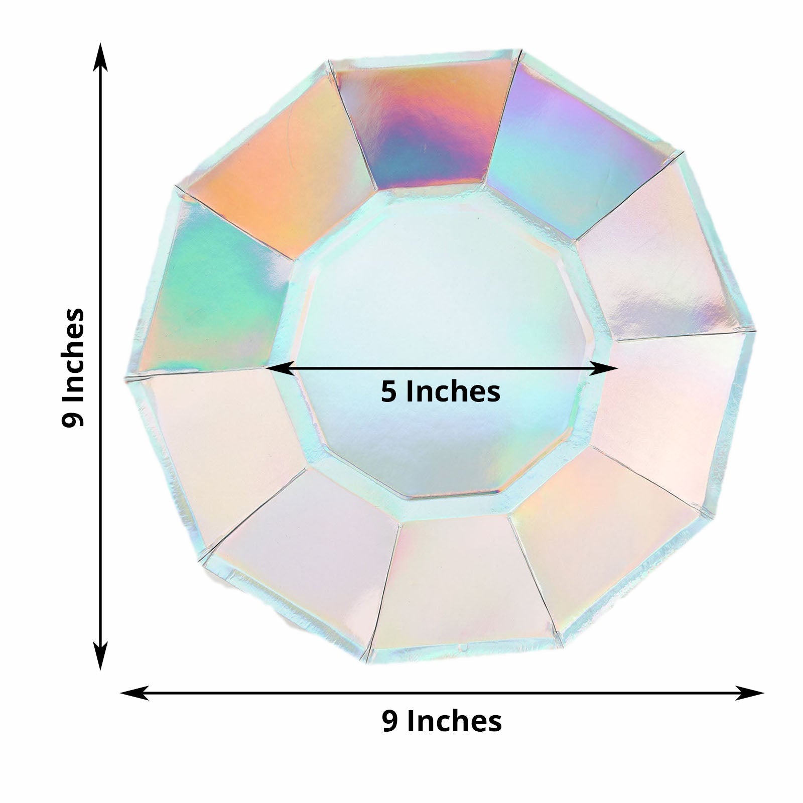 25 Pack Disposable Geometric Iridescent Paper Plates with Decagon Rim 9 Inch 