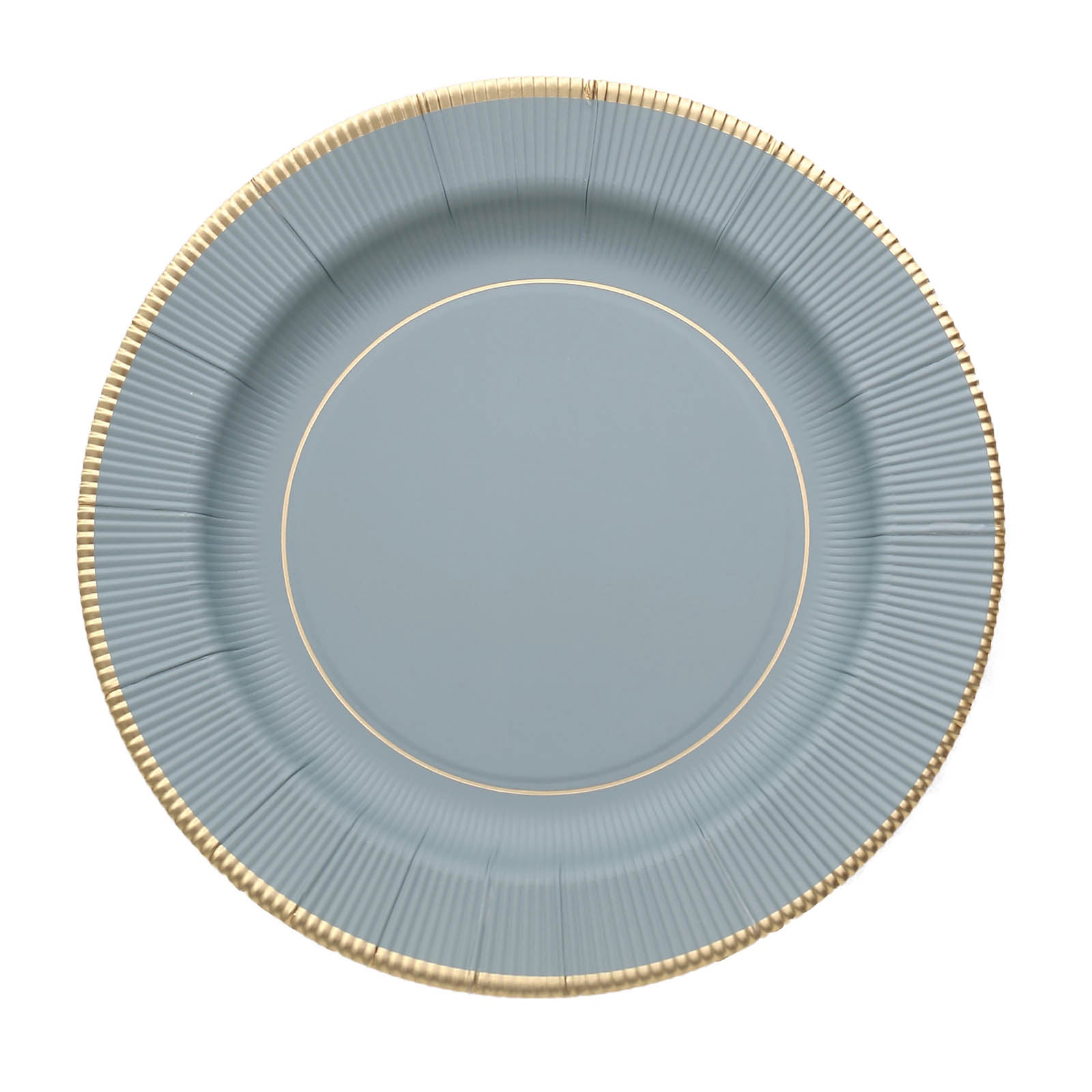 25 Pack | 10inch Dusty Blue Gold Rim Sunray Heavy Duty Paper Dinner Plates#whtbkgd