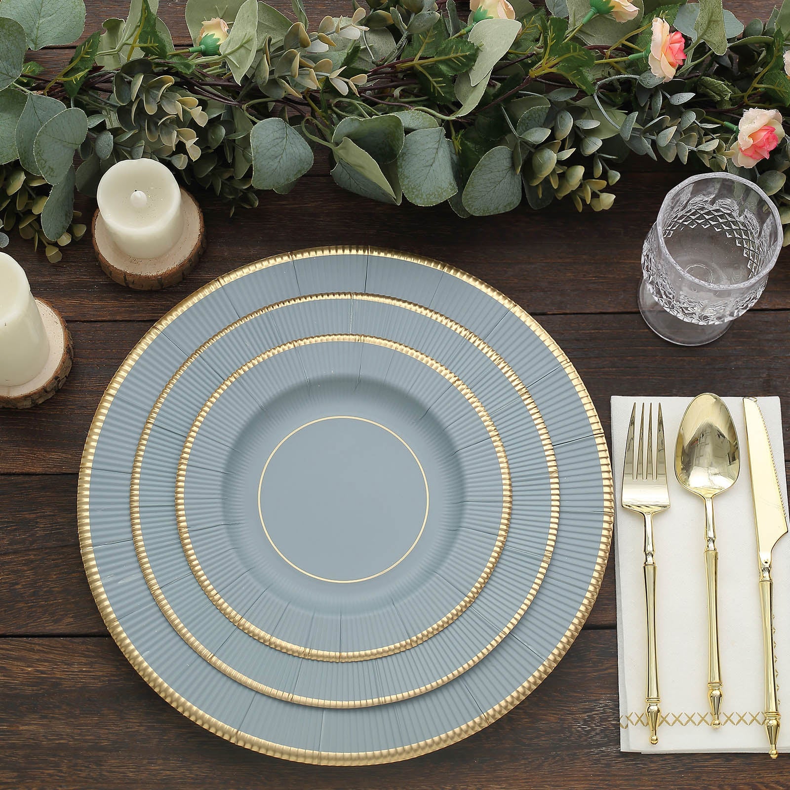 25 Pack | 10inch Dusty Blue Gold Rim Sunray Heavy Duty Paper Dinner Plates