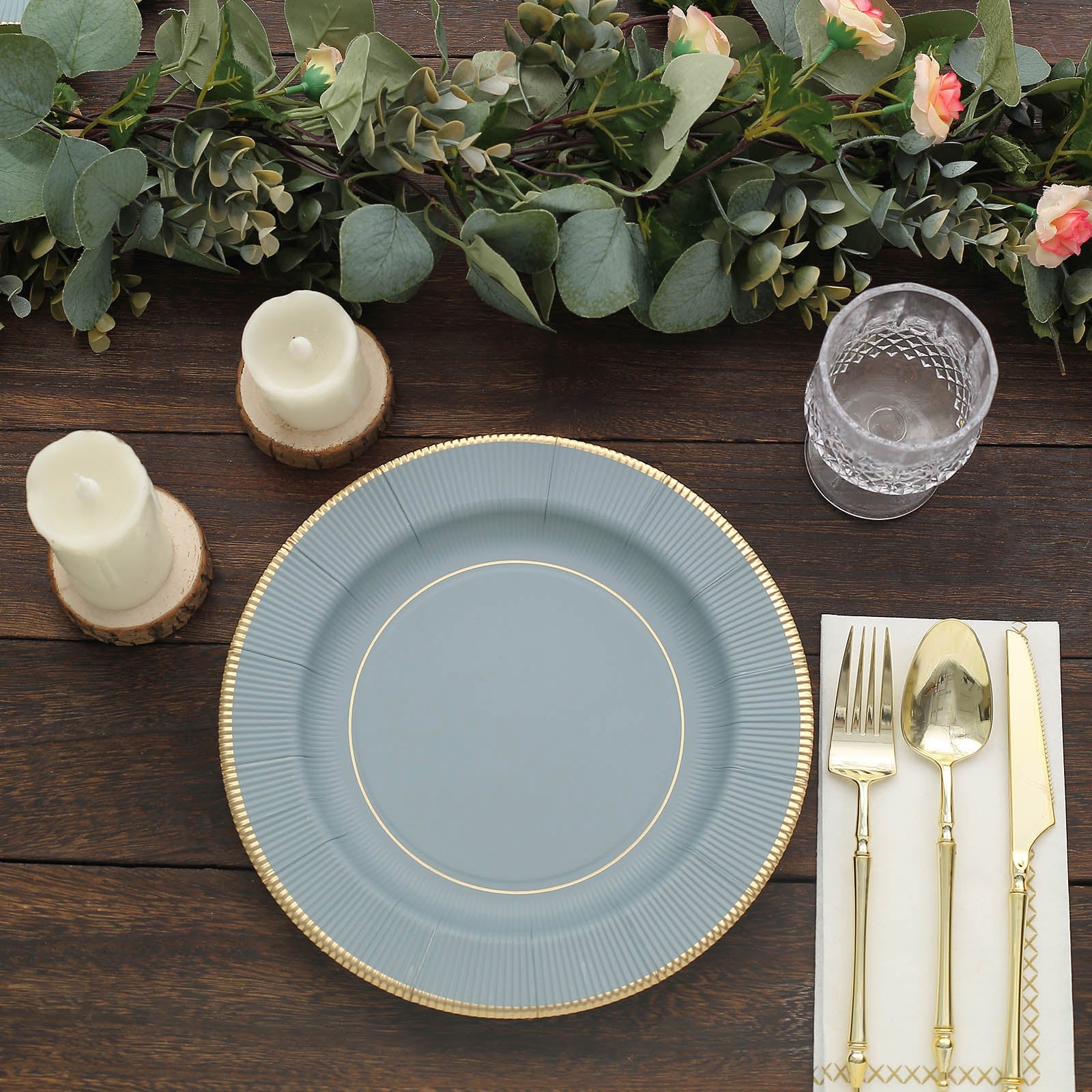 25 Pack | 10inch Dusty Blue Gold Rim Sunray Heavy Duty Paper Dinner Plates