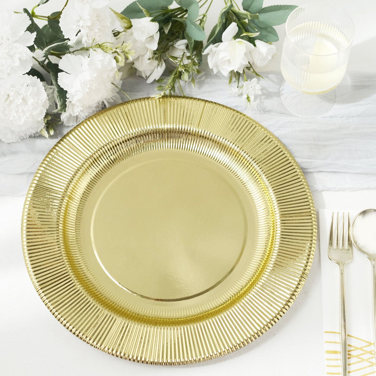 25 Pack | 10" Metallic Gold Sunray Serving Dinner Paper Plates, Disposable Party Plates - 350 GSM