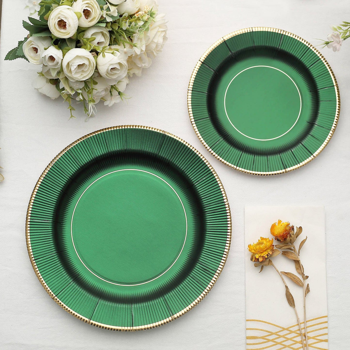 25 Pack | 10" Hunter Emerald Green Sunray Serving Dinner Paper Plates, Disposable Party Plates With Gold Rim - 350 GSM