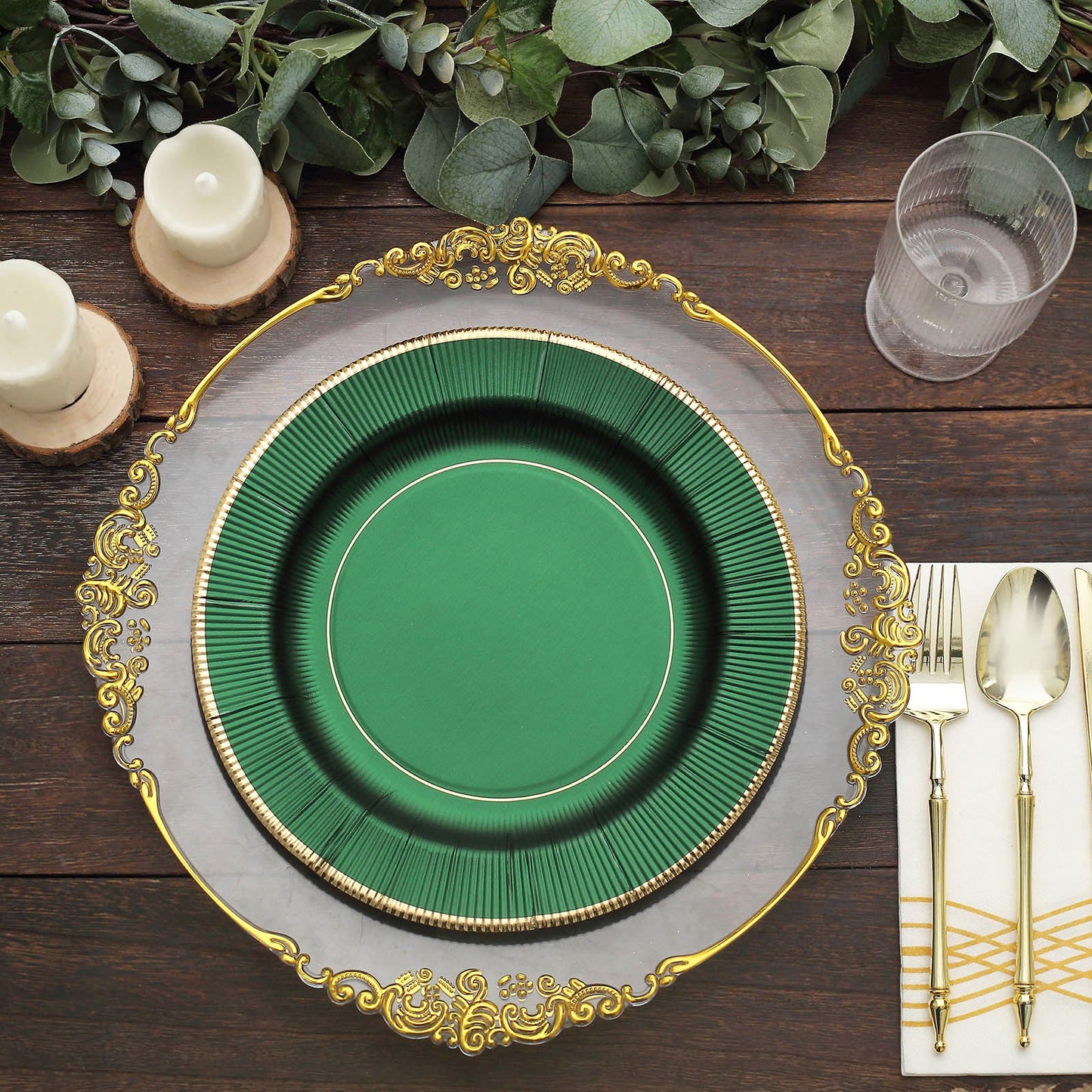 25 Pack | 10inch Hunter Emerald Green Sunray Gold Rimmed Serving Dinner Paper Plates