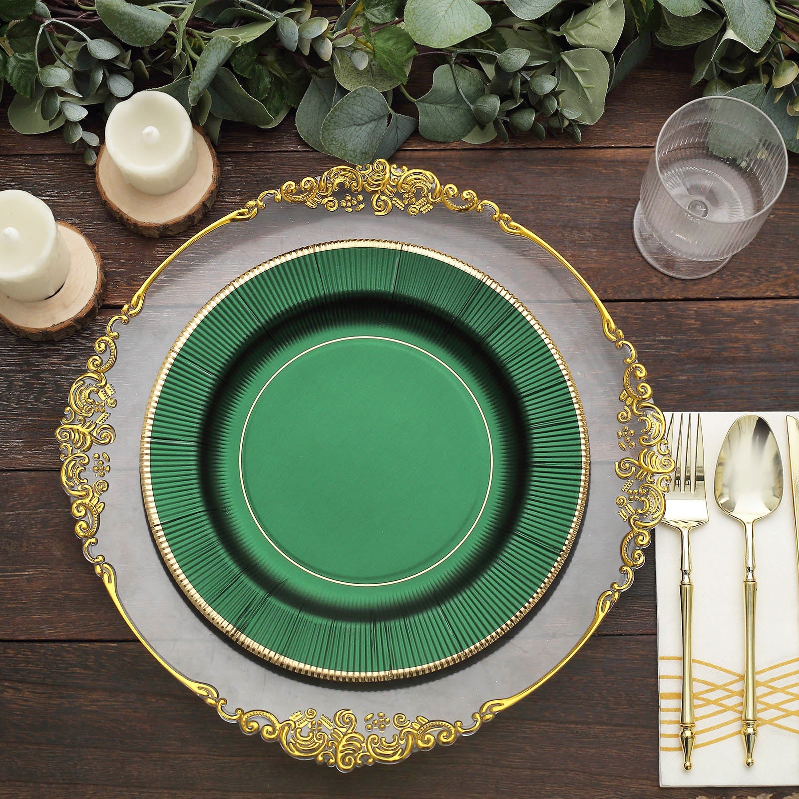 25 Pack | 10inch Hunter Emerald Green Sunray Gold Rimmed Serving Dinner Paper Plates