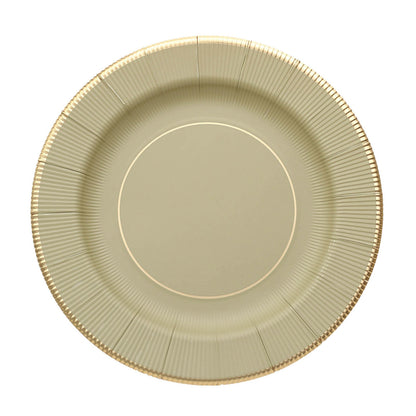 25 Pack | 10inch Khaki Gold Rim Sunray Heavy Duty Paper Dinner Plates#whtbkgd