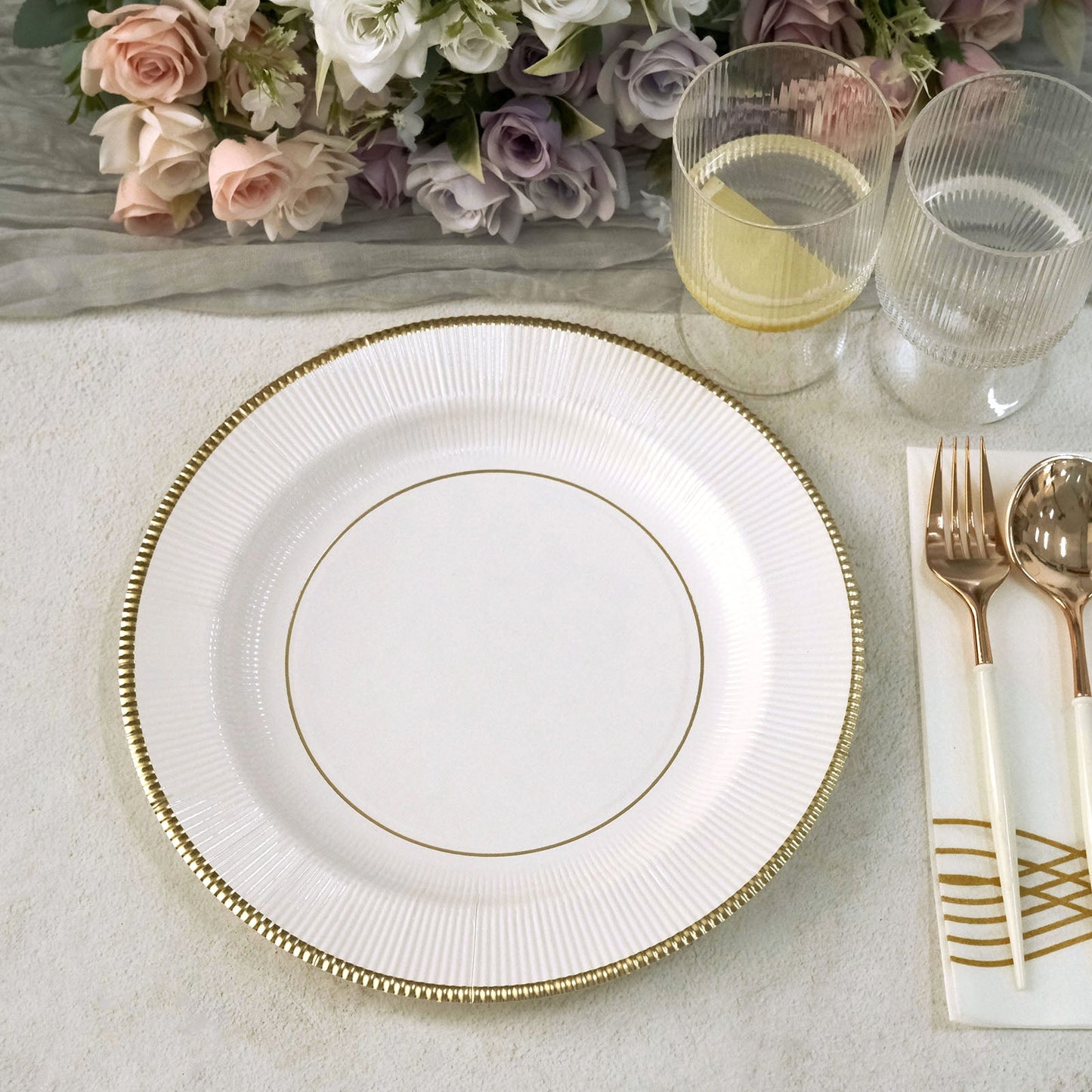 25 Pack | 10" White Sunray Gold Rimmed Serving Dinner Paper Plates, Disposable Party Plates - 350 GSM