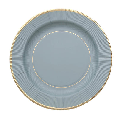 25 Pack | 8inch Dusty Blue Gold Rim Sunray Heavy Duty Paper Dessert Plates#whtbkgd