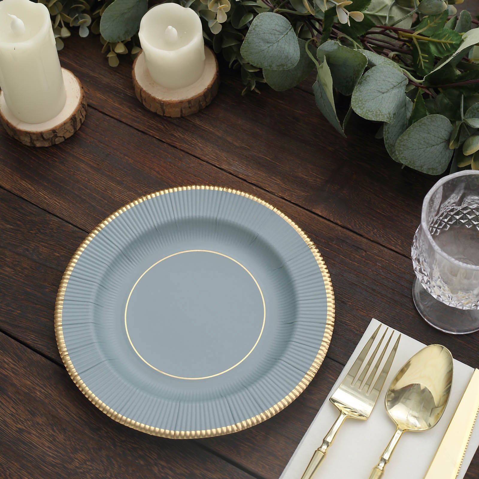 25 Pack | 8inch Dusty Blue Gold Rim Sunray Heavy Duty Paper Dessert Plates