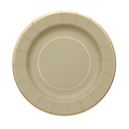 25 Pack | 8inch Khaki Gold Rim Sunray Heavy Duty Paper Dessert Plates#whtbkgd