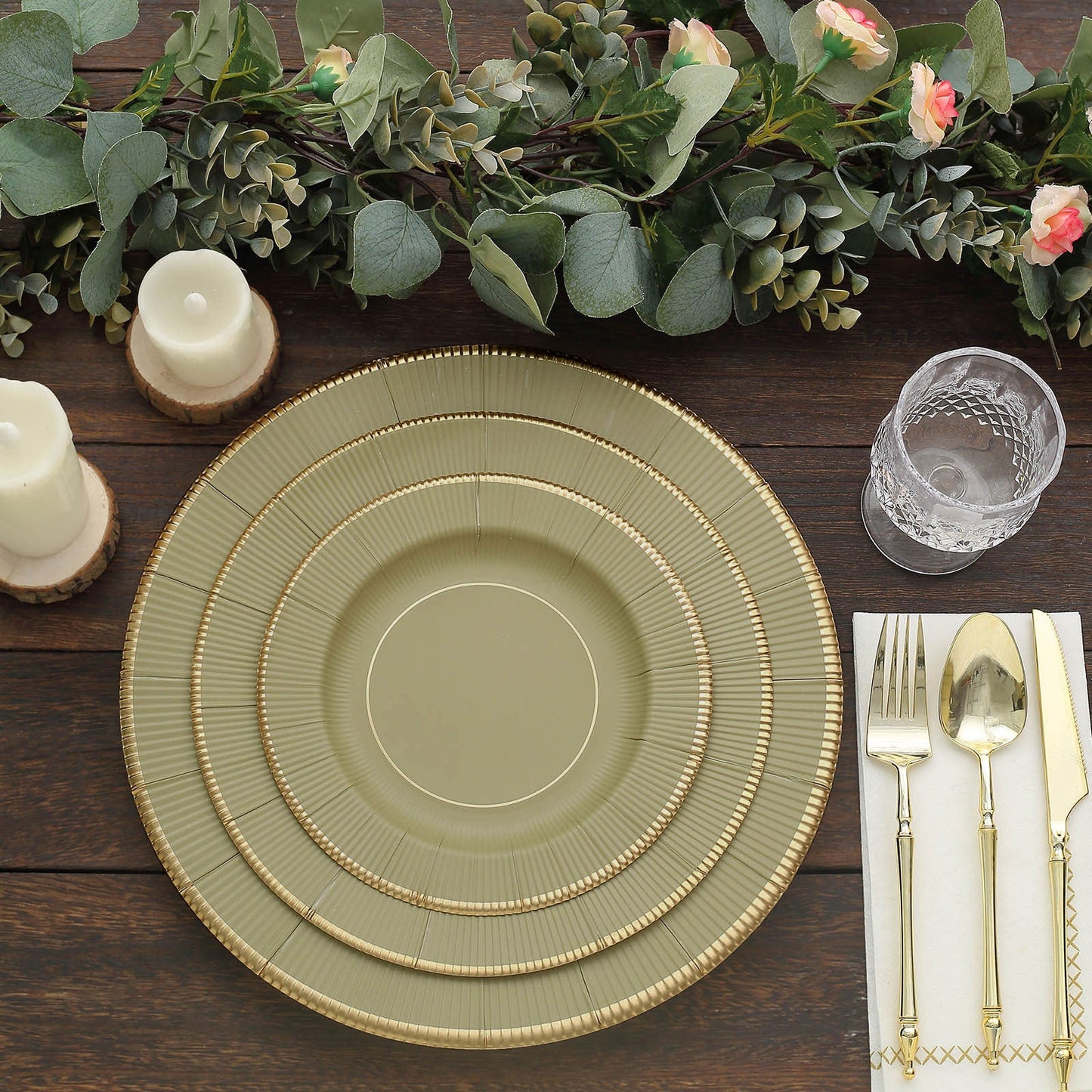 25 Pack | 8" Khaki Gold Rim Sunray Disposable Dessert Plates, Heavy Duty Paper Appetizer Salad Plates - 350 GSM