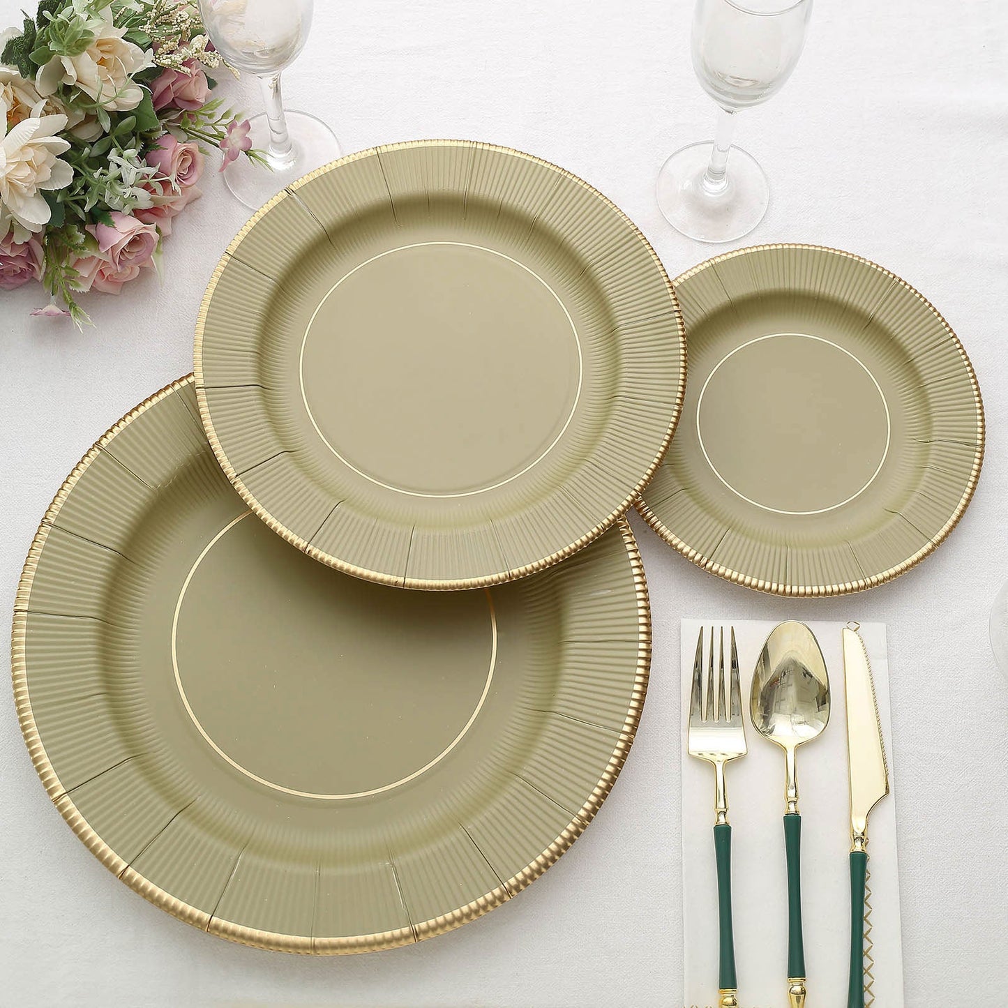 25 Pack | 8inch Khaki Gold Rim Sunray Heavy Duty Paper Dessert Plates