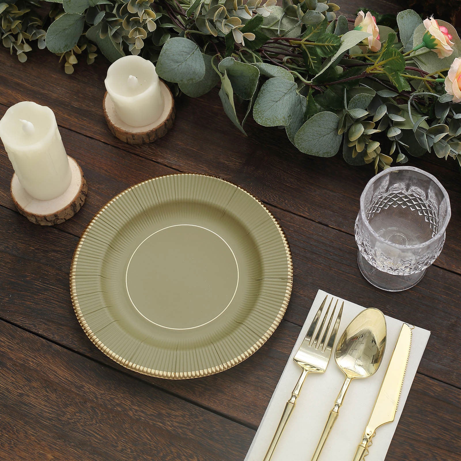 25 Pack | 8inch Khaki Gold Rim Sunray Heavy Duty Paper Dessert Plates