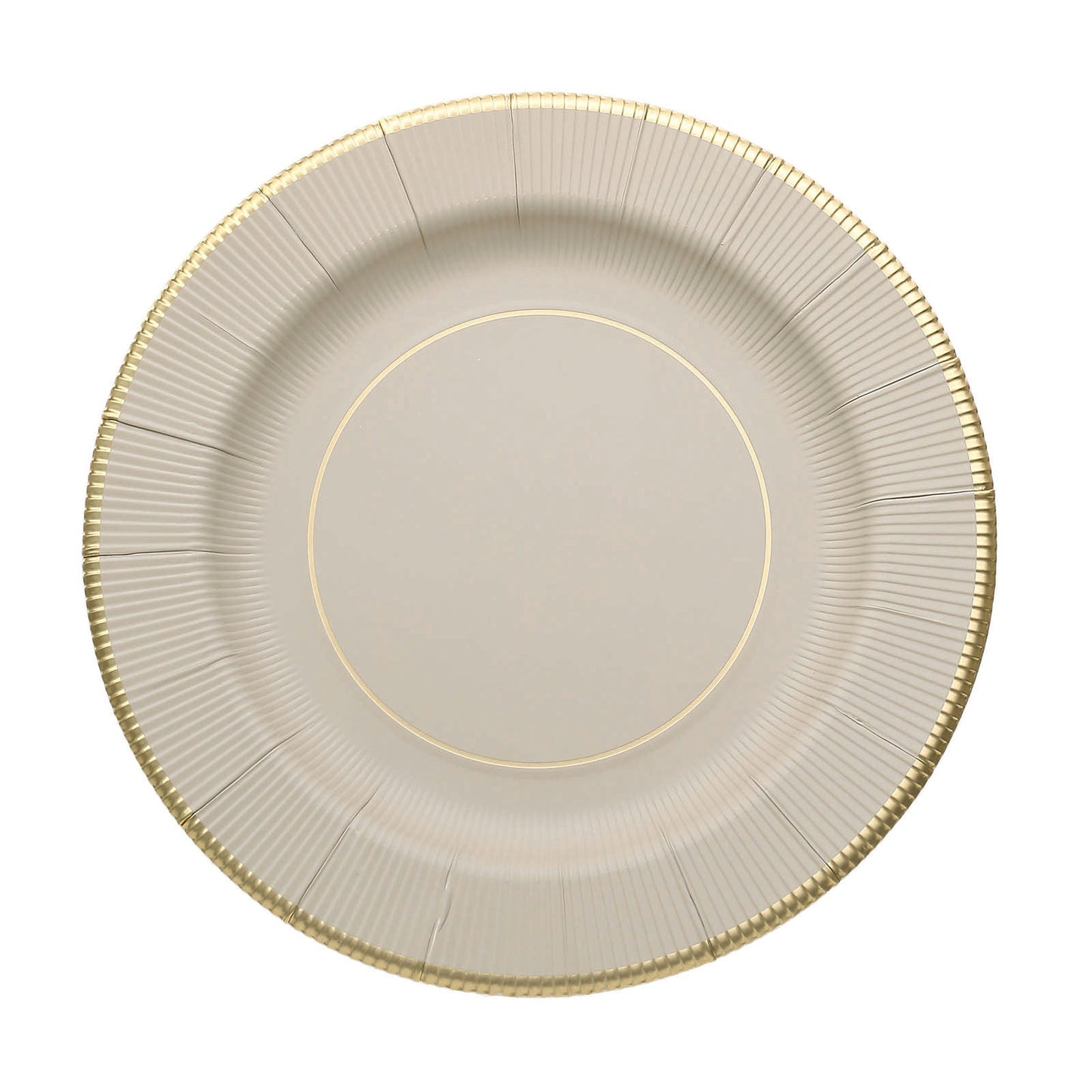 25 Pack | 8inch Taupe Gold Rim Sunray Heavy Duty Paper Dessert Plates#whtbkgd
