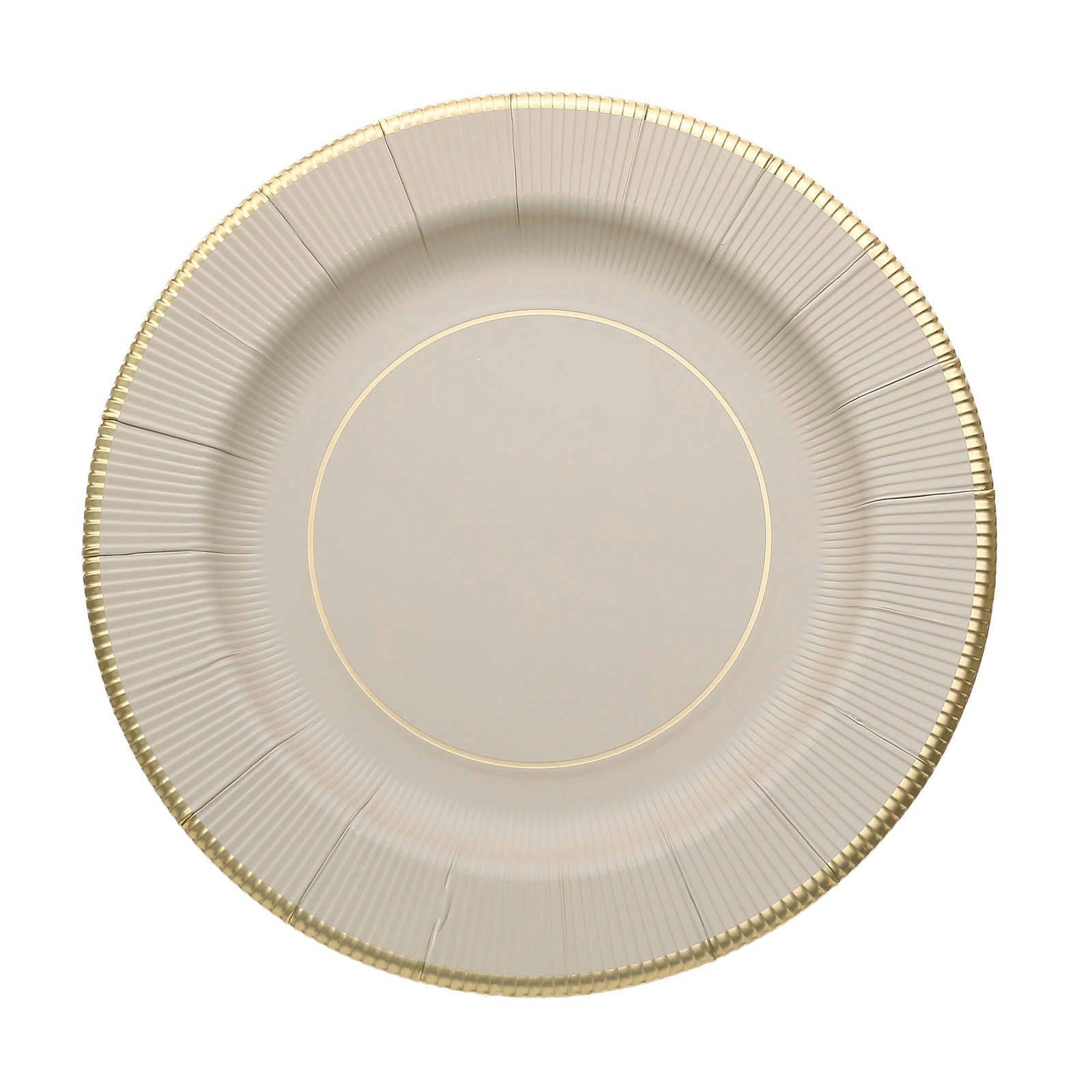 25 Pack | 8inch Taupe Gold Rim Sunray Heavy Duty Paper Dessert Plates#whtbkgd