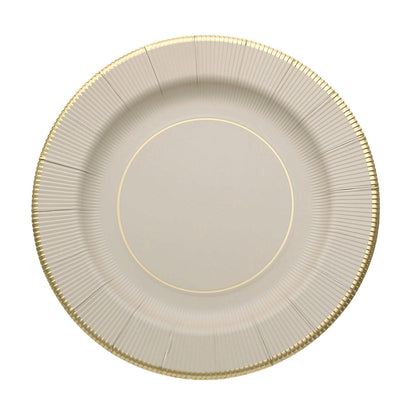 25 Pack | 8inch Taupe Gold Rim Sunray Heavy Duty Paper Dessert Plates#whtbkgd