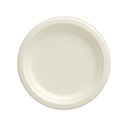 White biodegradable bagasse dessert plate, eco-friendly and disposable.