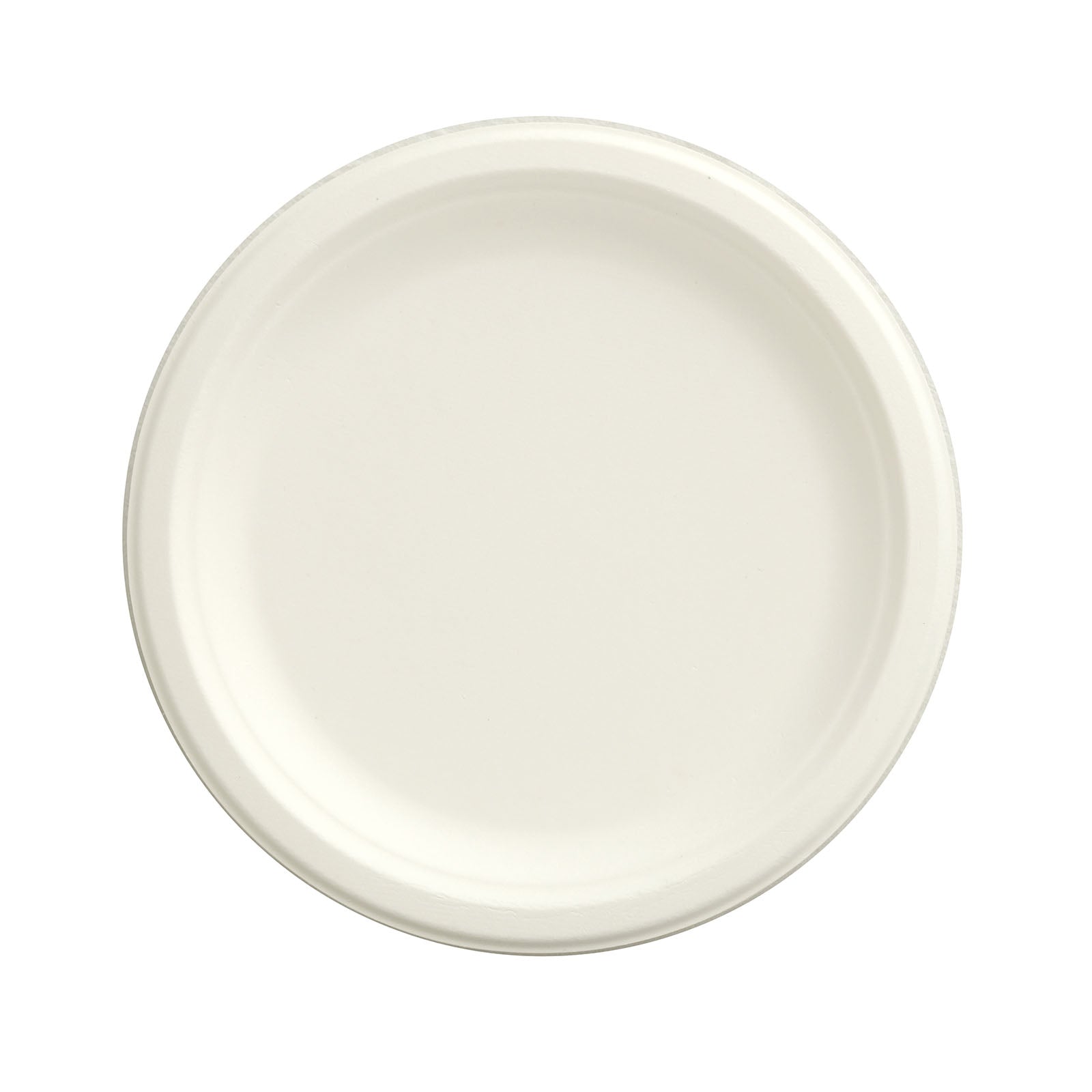 White biodegradable bagasse dinner plate, eco-friendly and disposable.