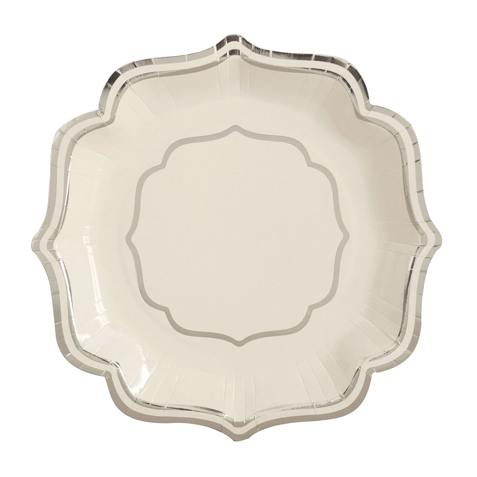 25 Pack Of 10 Inch White And Silver Scalloped Paper Plates 300 GSM#whtbkgd