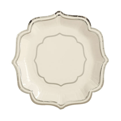 8 Inch Salad Plates White 25 Pack 300 GSM Silver Scalloped Rim#whtbkgd
