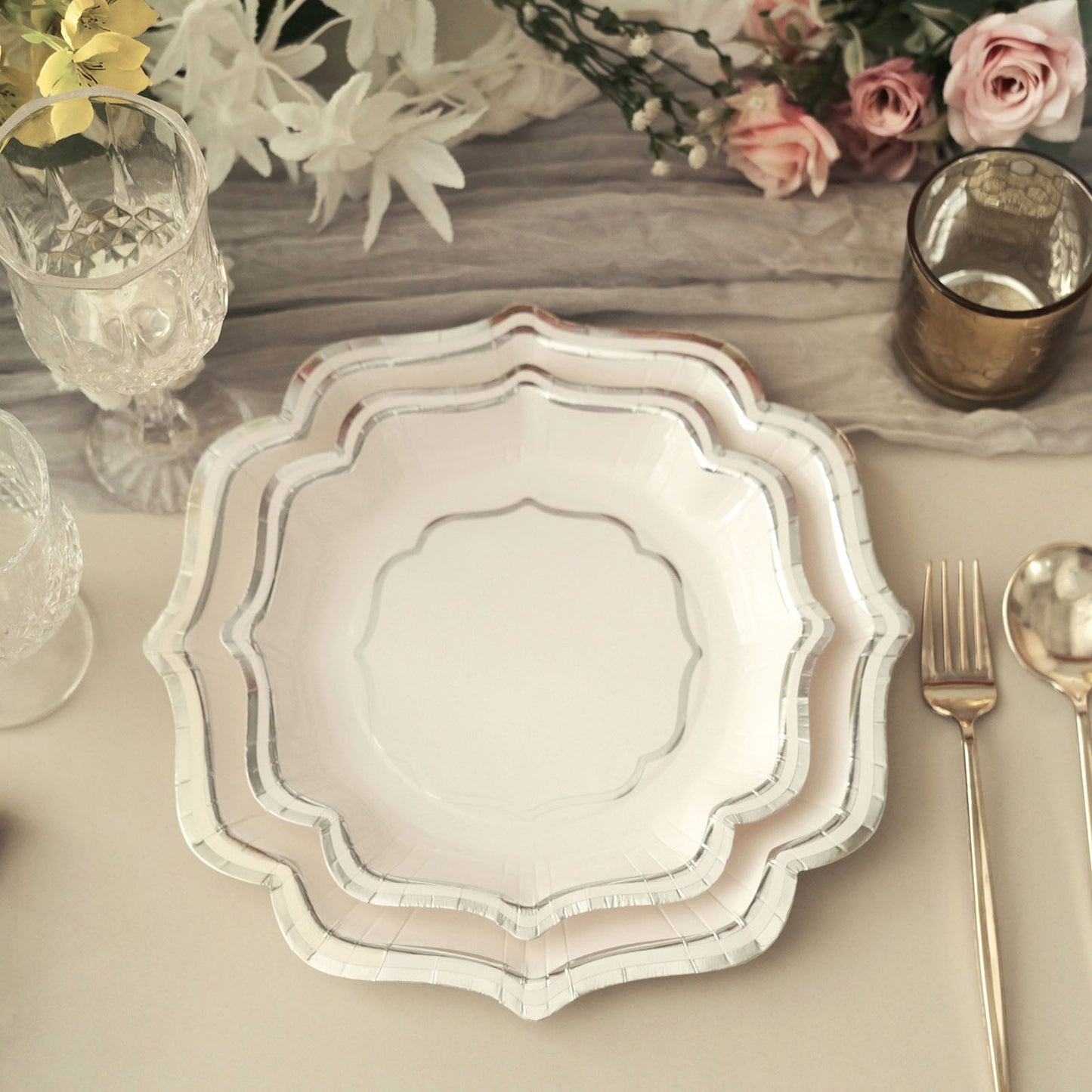 25 Pack | White/Silver 8" Scallop Rim Dessert Party Paper Plates, Disposable Appetizer Salad Plates - 300 GSM