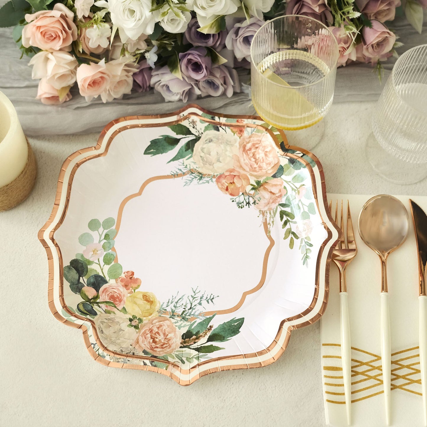 25 Pack 10" White Rose Gold Floral Scallop Rim Dinner Paper Plates, Disposable Party Plates - 300 GSM