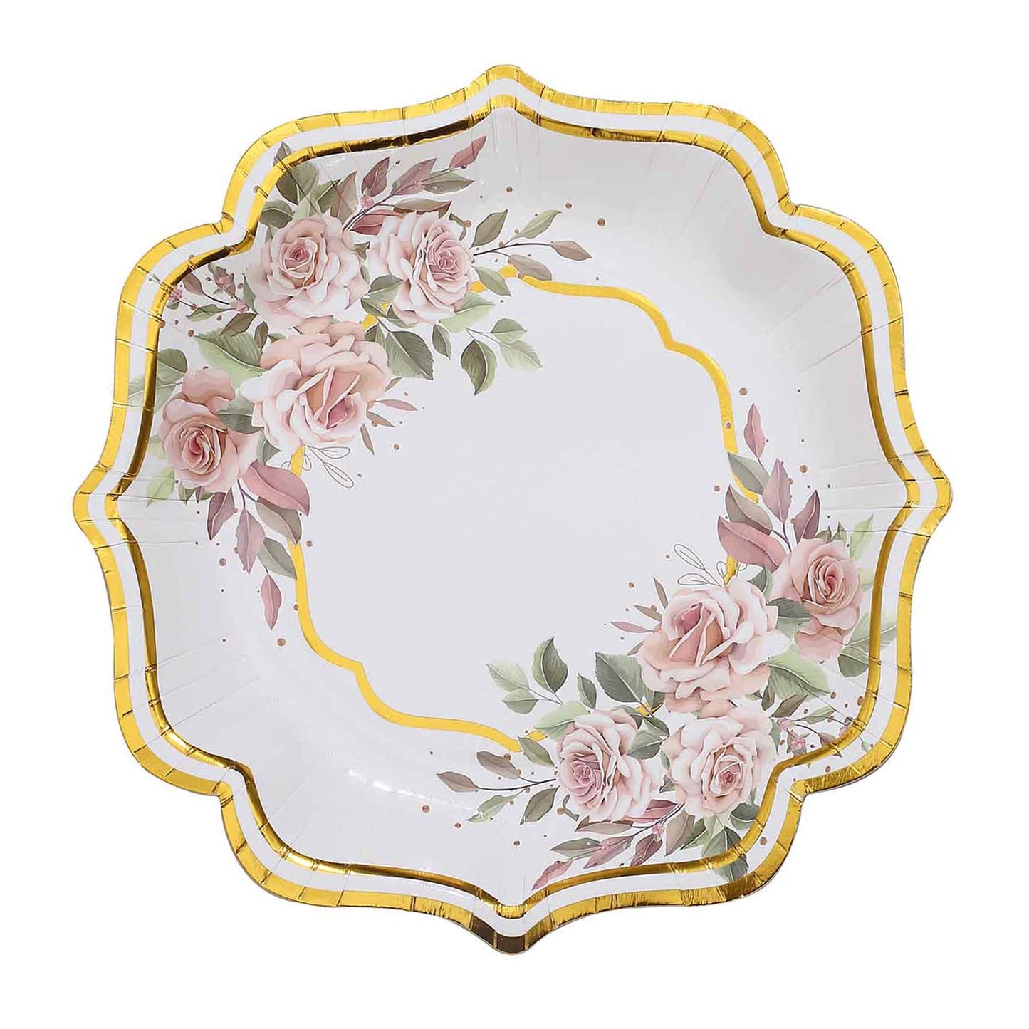 Gold And White Floral Scallop Rim Design 10 Inch Paper Dinner Plates 25 Pack#whtbkgd