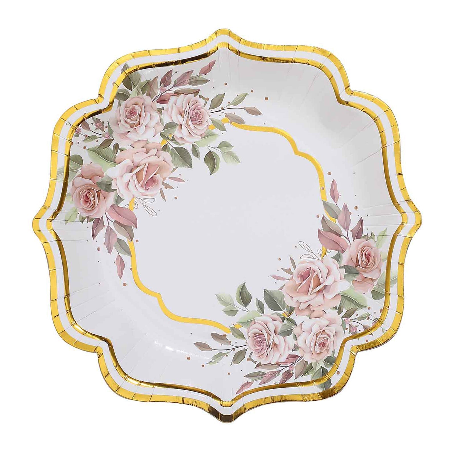 Gold And White Floral Scallop Rim Design 10 Inch Paper Dinner Plates 25 Pack#whtbkgd