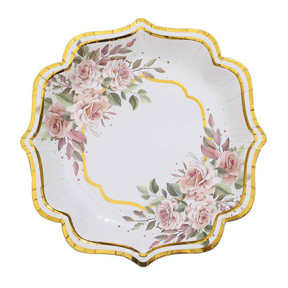 Gold And White Floral Scallop Rim Design 10 Inch Paper Dinner Plates 25 Pack#whtbkgd