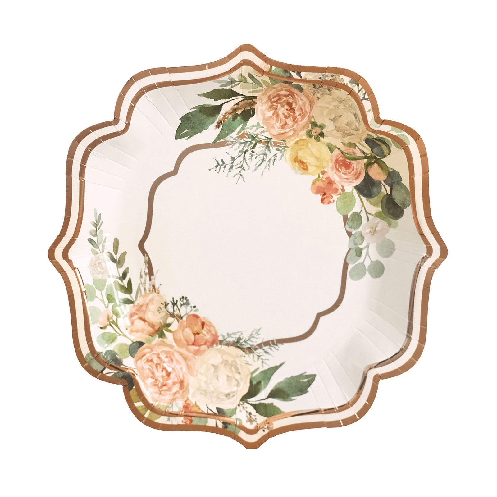 25 Pack White And Rose Gold Plates 8 Inch With Floral Scallop Rim#whtbkgd