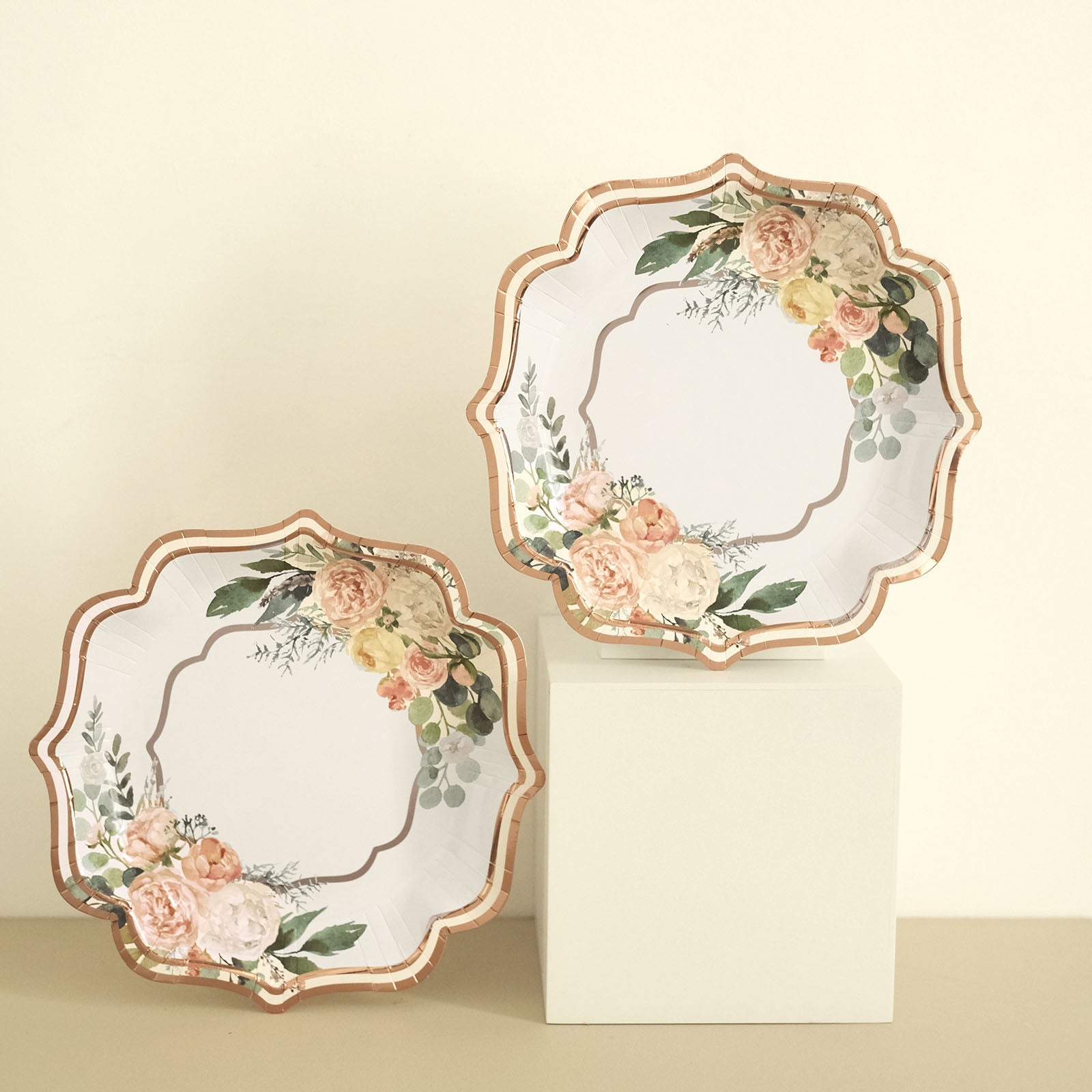 White And Rose Gold 8 Inch Floral Scallop Rim Plates 25