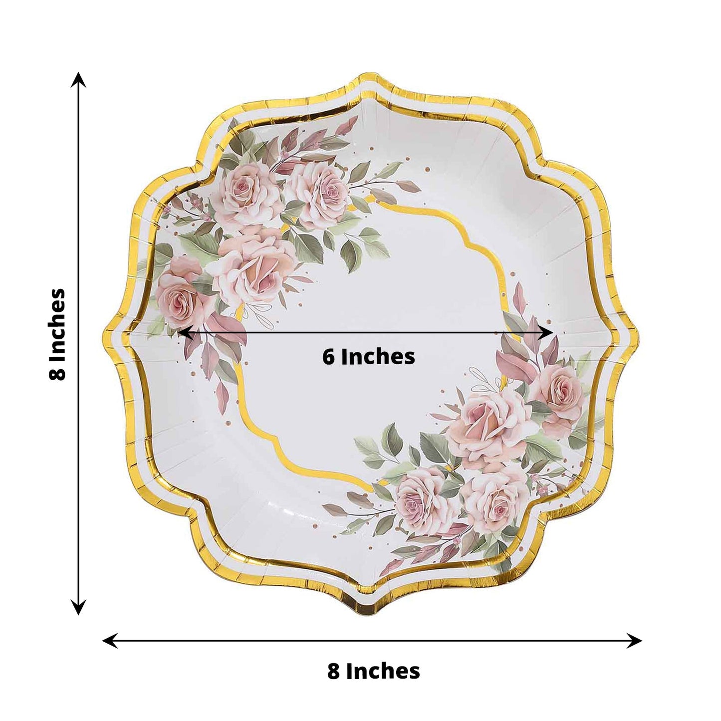 300 GSM Disposable Floral Scallop Rim Plates White And Gold 25 Pack 8 Inch 