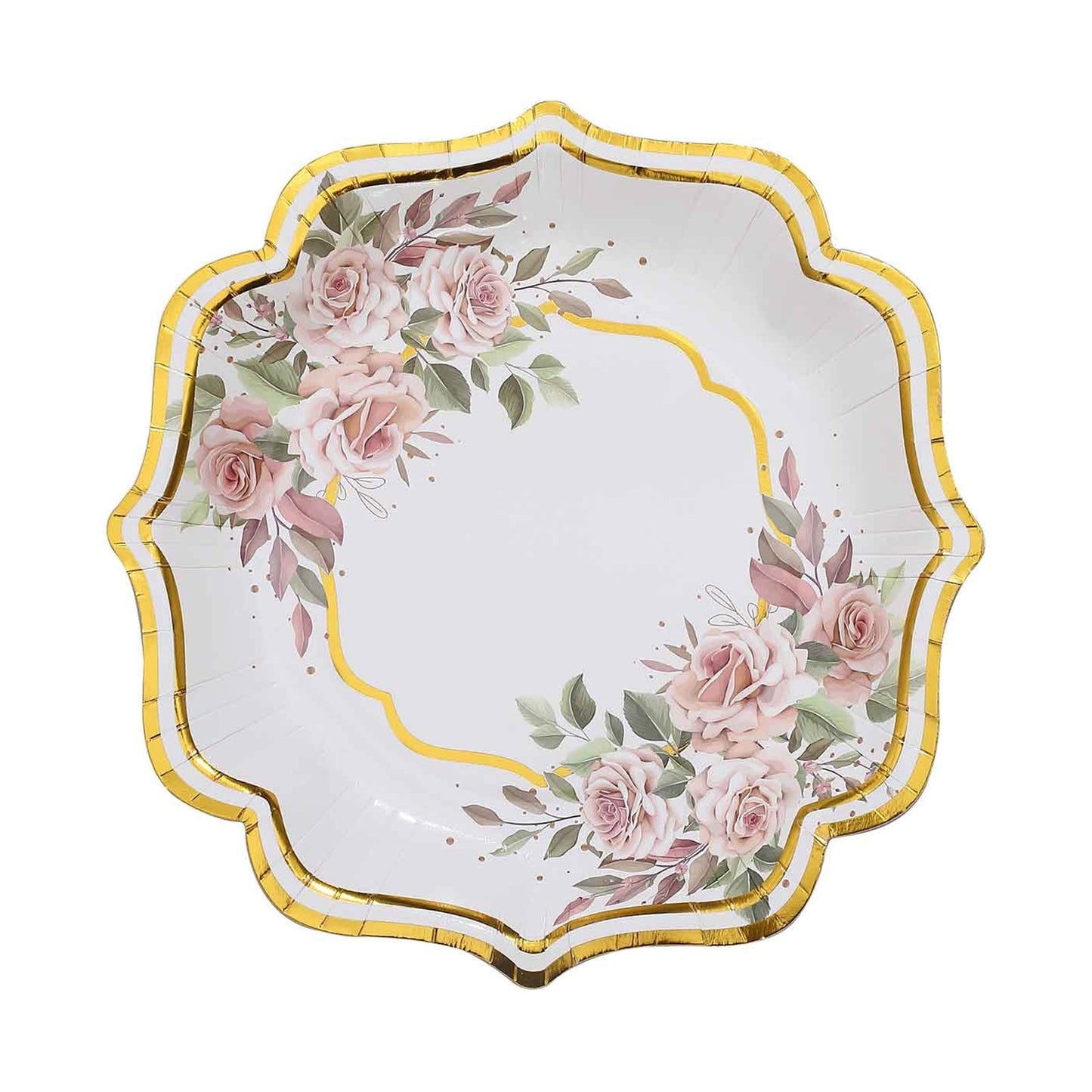 Pack Of 25 White And Gold Floral Scallop Rim Disposable 8 Inch Paper Plates 300 GSM#whtbkgd
