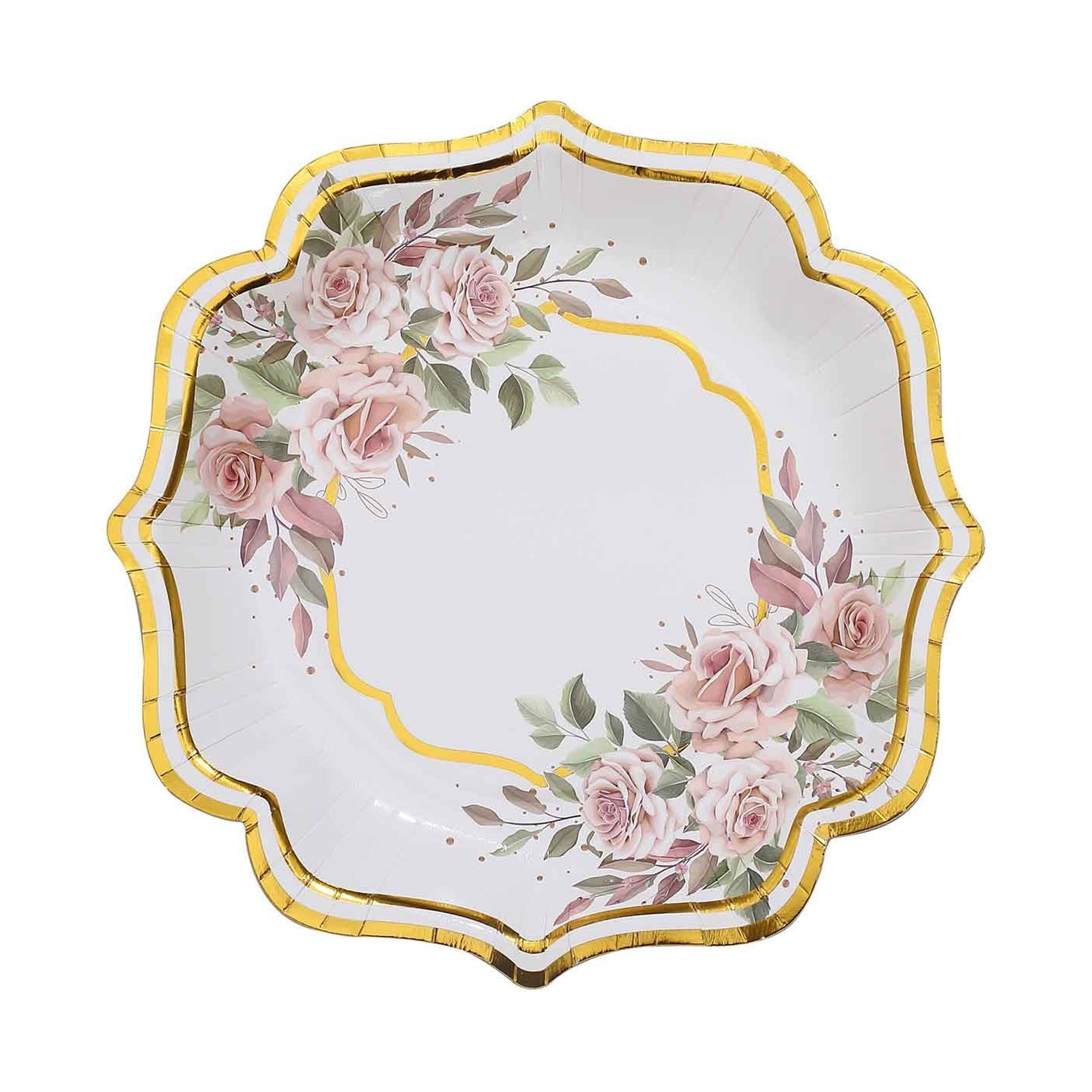 Pack Of 25 White And Gold Floral Scallop Rim Disposable 8 Inch Paper Plates 300 GSM#whtbkgd