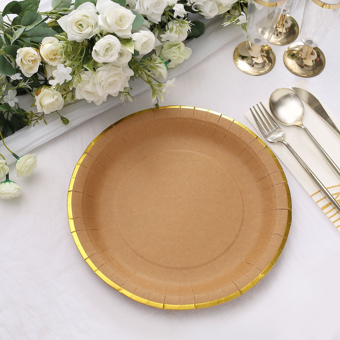 25 Pack | 10" Round Natural Brown Paper Dinner Plates With Gold Lined Rim, Disposable Party Plates