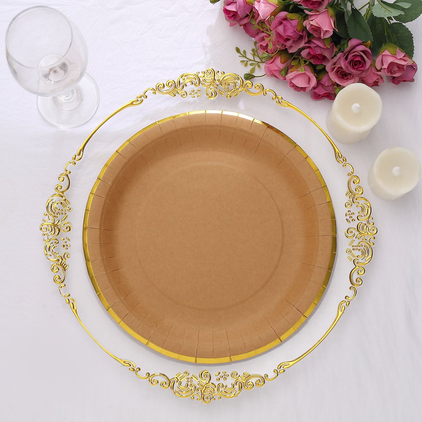 25 Pack Of Natural Kraft Feet Paper Dessert Plates With Gold Lined Rim In 10 Inches