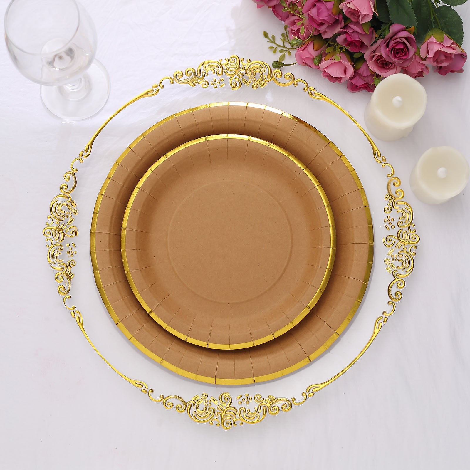 8 Inch Size Natural Kraft Feet Paper Dessert Plates With Gold Lined Rim